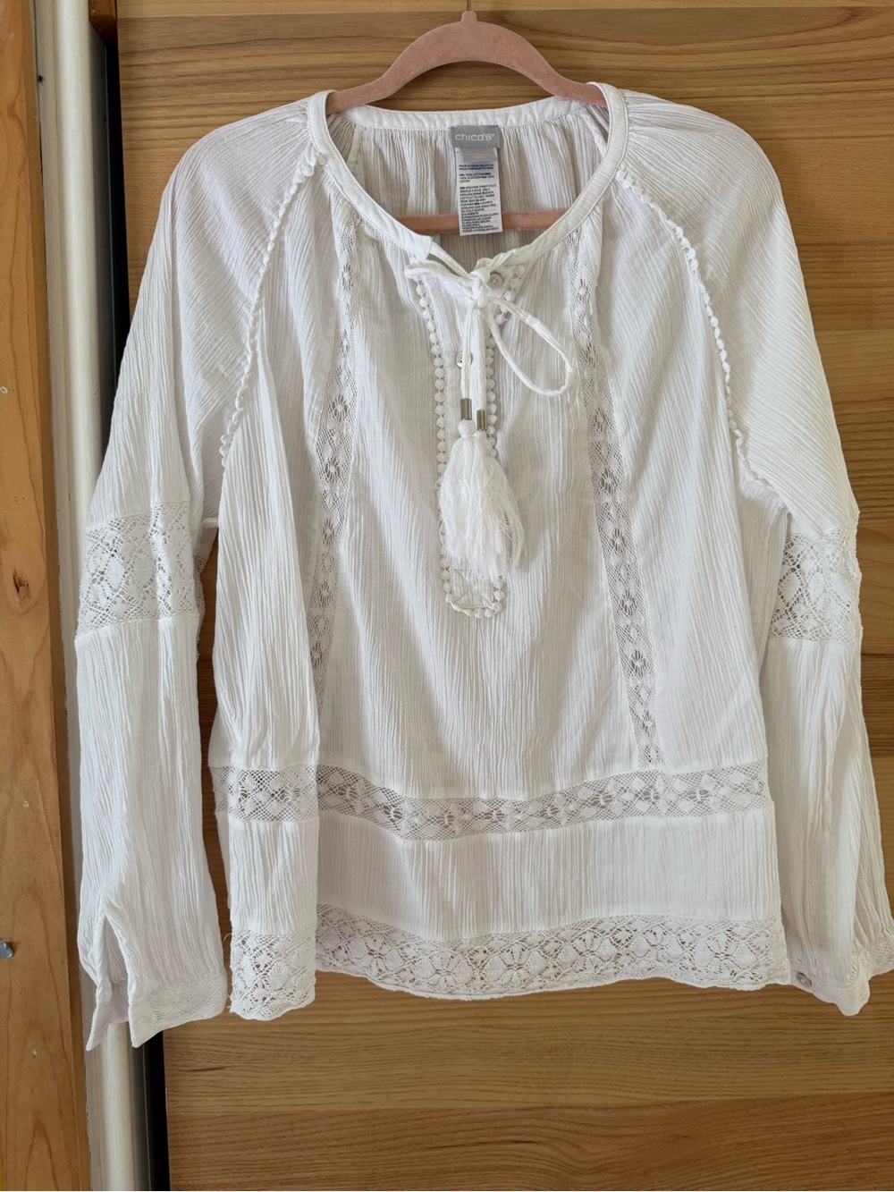 Chico's White Boho Lace-Paneled Peasant Top 100% Cotton